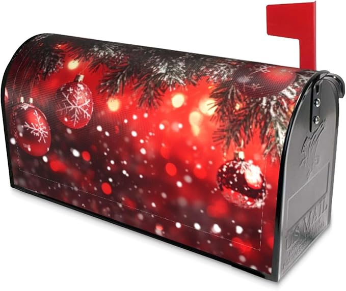 Festive Magnetic Mailbox Cover Red Christmas Ball Pattern Outdoor Mailbox Protector Holiday Seasonal Decorative Garden Yard Home Standard Size 21 x 18 Inch