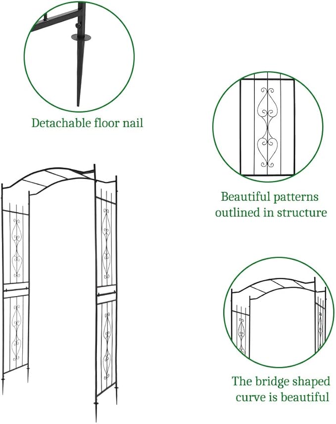 Garden Arbor with Side Garden Trellis, 7.5FT Metal Garden Arch for Climbing Plants Outdoor, Black Archway for Lawn, Patio and Backyard, Wedding Arches for Ceremony, Includes Ground Stakes