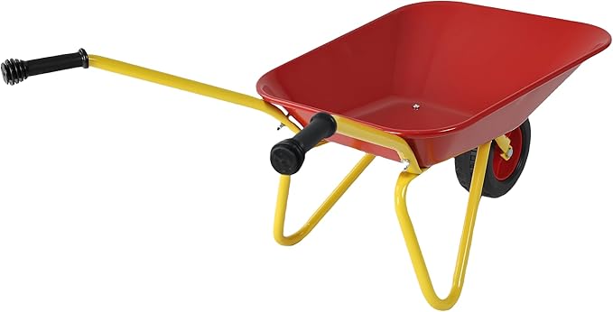 Red Metal Wheelbarrow, Easy Loading and Dumping Garden Cart with Steel Tray, Durable Heavy Duty Utility Trolley for Transporting Leaves, Soil, Sand, and More (1 Wheel)