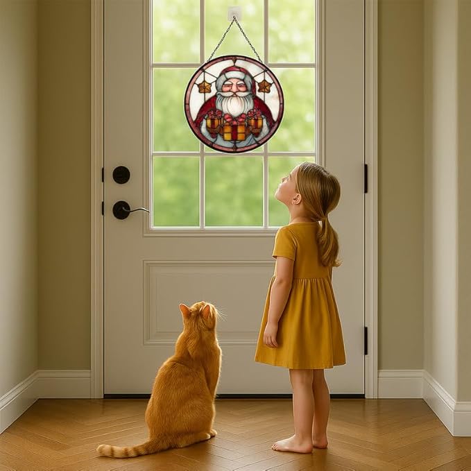 Stained Glass Window Hanging – 7.8 in Santa Claus Holding Presents Panel with Chain， Bathroom Front Door Living Room Garden Decor， Gift for Mom Wife Lovers