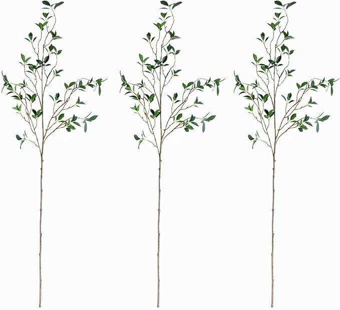 MeDecor 3Pcs Artificial Plants Greenery Stems, 43.3" Tall Faux Ficus Plant Spring Summer Twig Branches Fake Green Plants Stem for Vase Home Party Wedding Garden Office Decorations