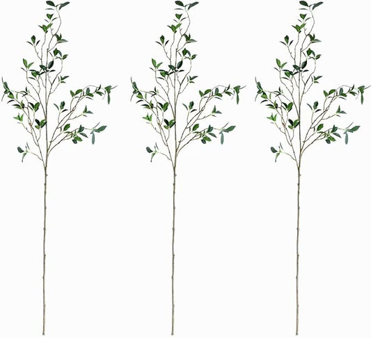 MeDecor 3Pcs Artificial Plants Greenery Stems, 43.3" Tall Faux Ficus Plant Spring Summer Twig Branches Fake Green Plants Stem for Vase Home Party Wedding Garden Office Decorations