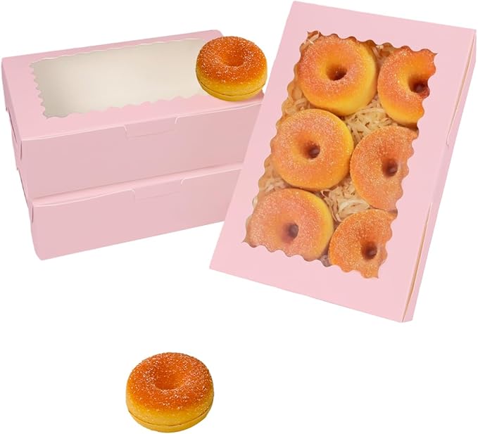 qiqee 50Pcs Pink Cookie Box with Window 9x6x2.5 inch Pastry Macaron Bakery Box For Packaging