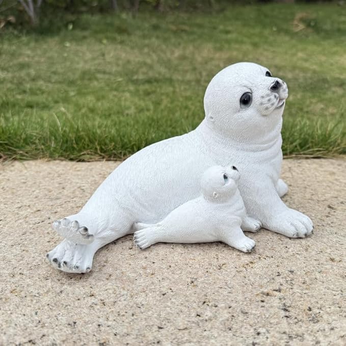 Large White Sea Lions Figurine Statues for Zoo, Oceanarium, Garden, Outdoor Decor, Porch Decorations Patio Yard Lawn Ornament, Funny Animal Sculpture Gift, Solid Interior, Resin, 9.8 in