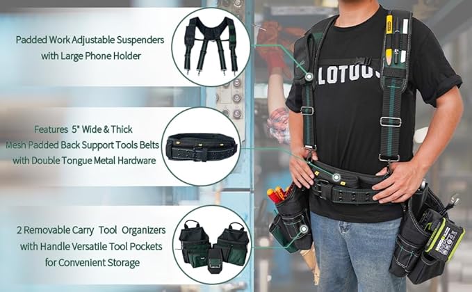 MELOTOUGH 28-Pocket Pro Framer's Combo Apron Tool Belt and Heavy Duty Padded Suspenders with Magnetic Desinger for Technician/Maintenance/Carpenter/and Electrician's Tools(Olive Green)
