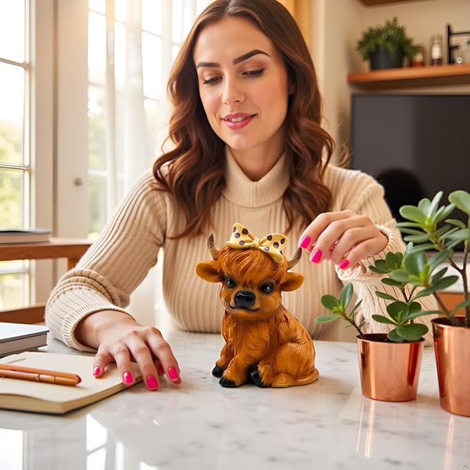 Highland Cow Figurine for Tie a Bow Decor, Highland Cows Themed Gifts for Women, Resin Figures Home Desk Decorations Accents (Brown) (1, Highland Cow Figurine(Brown))