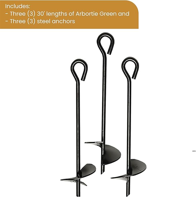 DeepRoot ArborTie Heavy-Duty Ground Anchoring Kit for Tree Support, Includes Three 10’ ArborTie Green and Three 15” Steel Eye Earth Anchors, Versatile Tree Stake Kit, Landscaping Stakes (AT HD15)