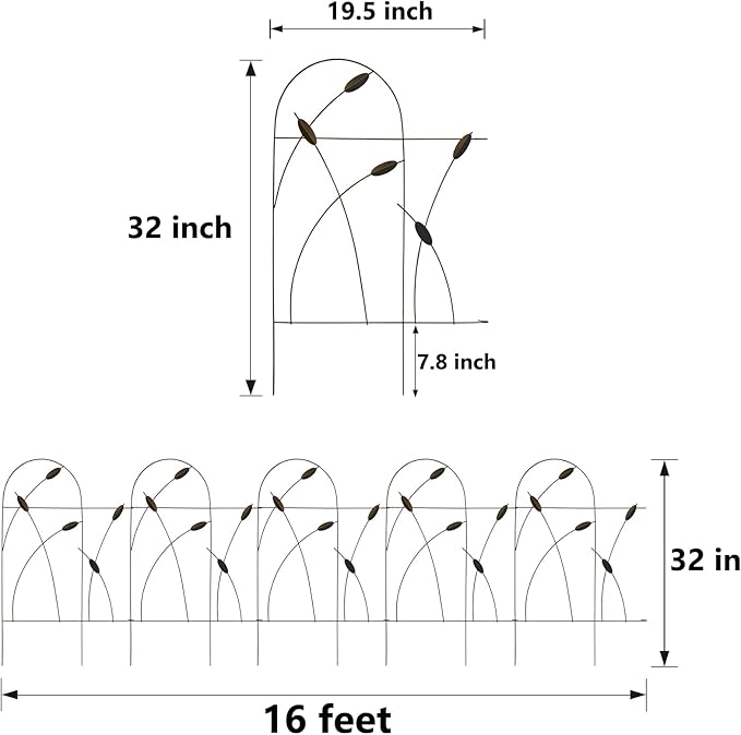 Metal Decorative Garden Fence Border, 32 in.H x 19.5 in.W (10 Panels, Total Length 16 feet) No Dig Fence Rustproof Wrought Iron Landscape Fencing for Flower Bed, Trees, Black