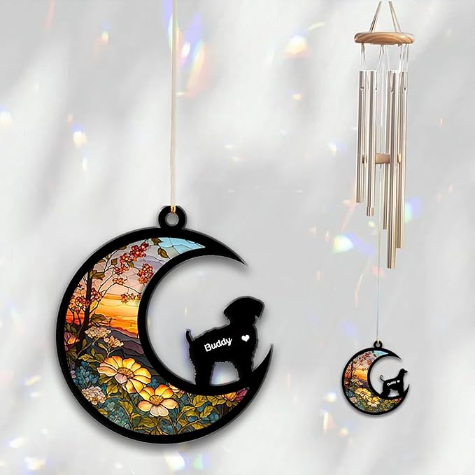 Yorkipoo Sun Catcher Wind Chime, Custom Sunflower Suncatcher Dog Memorial Wind Chime, Dog Loss Gift, Dog Sympathy Gift, Pet Loss Suncatcher, Outdoor Garden Decor