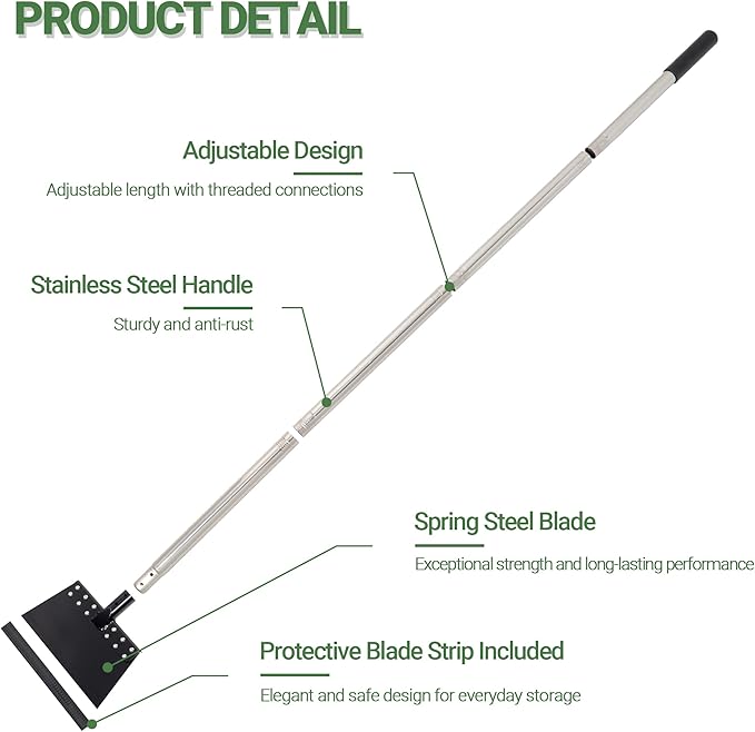 Garden Flat Shovel 65in Floor Scraper Long Handle Heavy Duty Weed Scraper with 11in Spring Steel Blade Multifunctional Cleaning Shovel for Ice, Snow, Weed, Dirty, Moss, Driveway, Lawn Edging