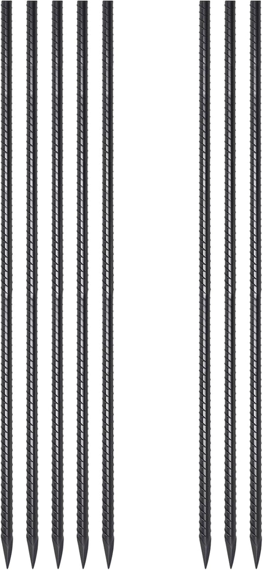 Steel Rebar Stakes 48 lnch 8 Pack Ground Stakes Heavy Duty 1/2 Inch Diameter Landscpe Timber Spikes Straight Metal Stakes with Chisel Point for Garden Camping Plant Support, Black