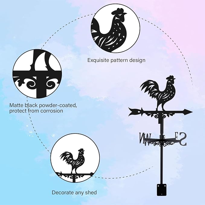 3D Rooster Weathervane Metal Wind Vane Weathercock Garden Decoration Wind Direction Indicator Stake Roof Mount Ornament for Farmhouse Yard Outdoor