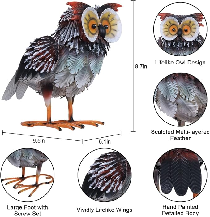 hogardeck Owl Garden Decor Outdoor Statues, Large Metal Bird Standing Yard Art, Lawn Sculptures Ornaments for Outside Patio Pond Backyard, Holiday Sympathy Gifts for Grandma Mom