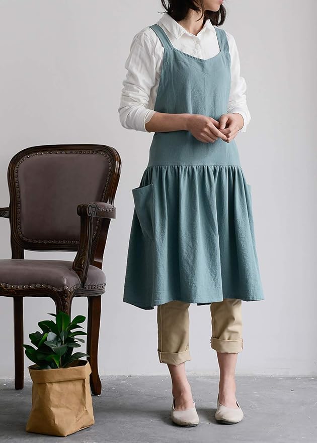 NEWGEM Cotton Linen Cross Back Apron for Women with Pockets for Gardening Cleaning Turquoise with Waist Ties