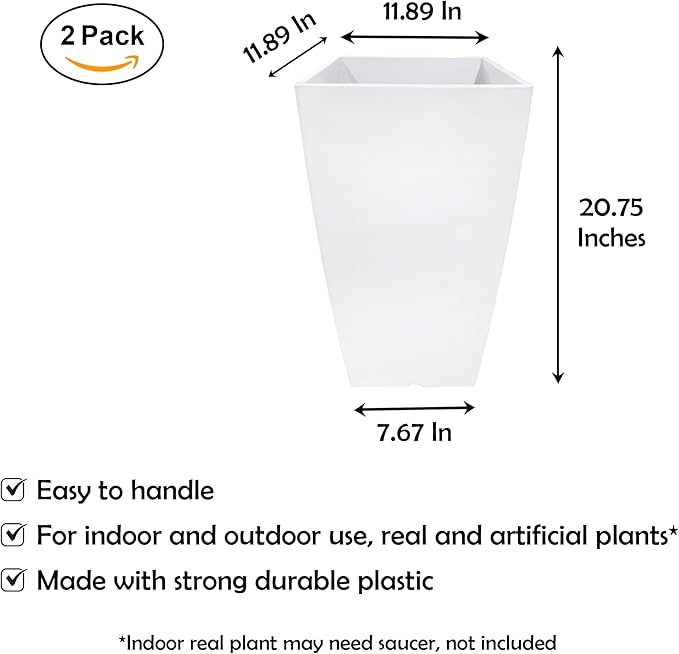 RUBBER BOND Plastic Plant Pots 2 Pack - Modern Indoor/Outdoor Planters for Home Decor - Weather-Resistant Large Flower Pots - Lightweight 22 Inches Tall Planters