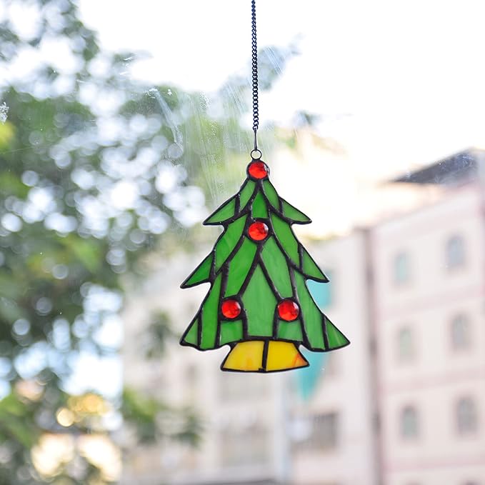 Tree Stained Glass Window Hanging Ornaments, Memorial Gifts for Lovers, Birthday, Housewarming Gift, for Women, Gift for Mom, Grandma, Handmade Christmas Tree Decoration