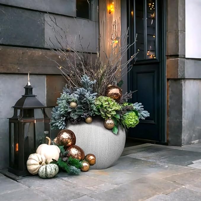 11.8 H x 14.5" Dia (8.9" Pot Opening) Plastic Beige Round Planters for Outdoor Plants, Resin Flower Pot for Indoor and Outdoor Plants, Plant Pot with Drainage Holes and Plug for Home Patio Garden