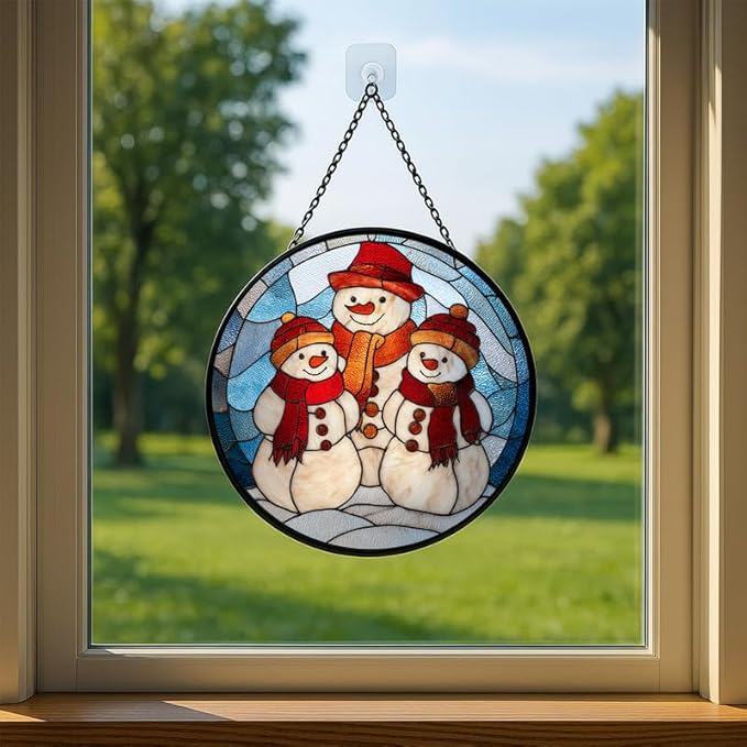 Stained Glass Window Hanging – 11.8 in Snowman Family Panel with Chain， Bathroom Front Door Living Room Garden Winter Holiday Decor， Gift for Mom Wife Lovers