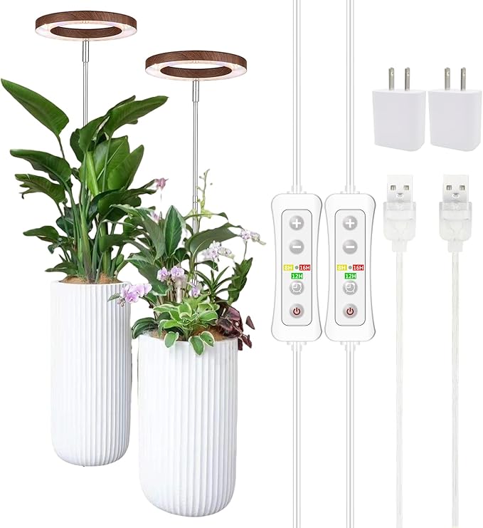 yadoker Plant Grow Light, LED Growing Light Full Spectrum for Indoor Plants,Aluminum Walnut Wood Grain Plant Lights,Height Adjustable, Automatic Timer, 5V Low Safe Voltage,Idea for Large Plant Light，