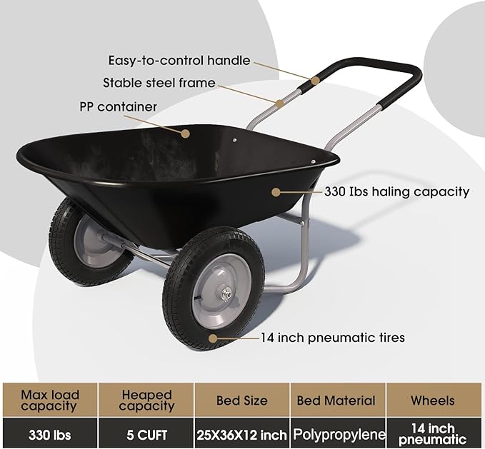 ARNOT Enlarged 2-Wheel Wheelbarrow, Easy Loading and Dumping Garden Cart, Heavy Duty Utility Dump Cart for Outdoor Lawn Yard Farm Ranch, Black