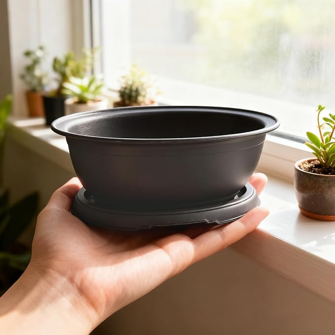 MUZHI 3 Pack Oval Bonsai Training Pot with Drainage Tray, Matte Finish Nursery Plastic Bonsai Planter with 25PCS 2inch Mesh pad (5.2" Small)