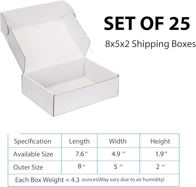Small Shipping Boxes 8x5x2 Inch (25 Pack) - Sturdy White Corrugated Cardboard Boxes for Small Business, Ecommerce, Mailing & Packaging | Recyclable Gift & Storage Boxes