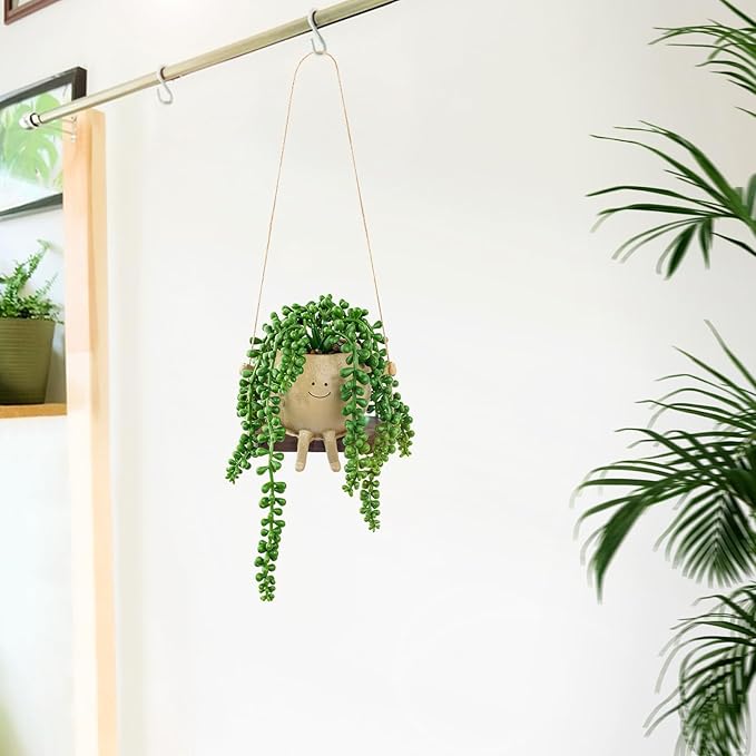 Artificial Hanging String of Pearls Succulent in Cute Smiley Face Swing Planter, Fake Trailing Succulent Plant for Indoor Outdoor Home Wall & Window Decor | Includes Hanging Hook