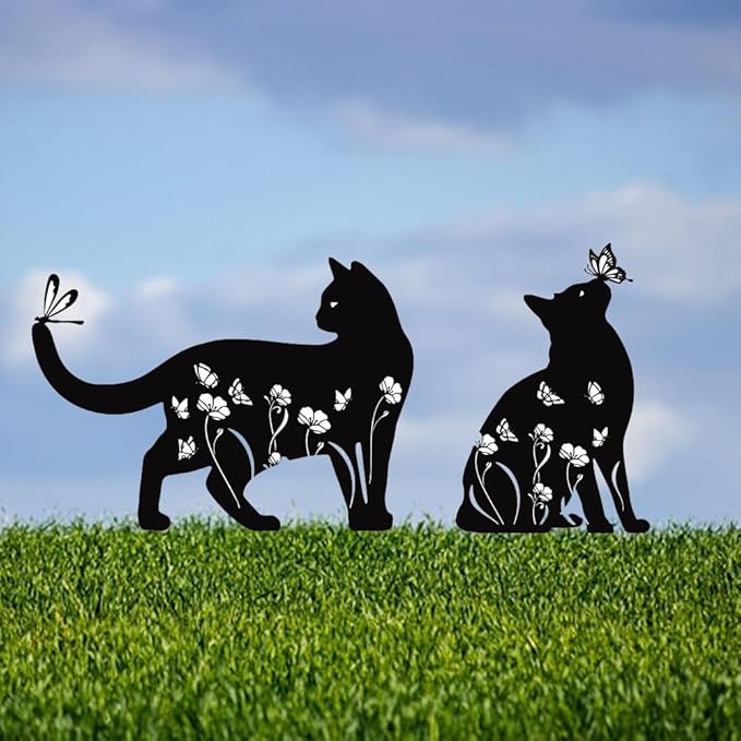 Cat Metal Garden Stakes Decorative(2 Pack),Cat Gifts for Women/Men/Cat Lovers Gifts,Black Cat Silhouette Statues Garden Decor for Outside,Outdoor Decor,Yard Art,Patio,Lawn Ornaments,Small