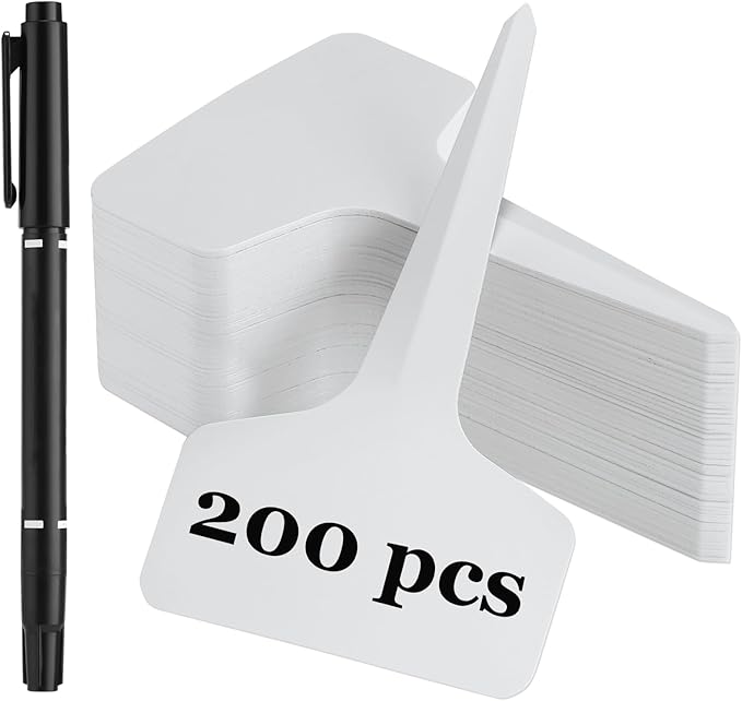 200 Pcs Plant Labels T-Shape, 4 Inch Plastic Potted Plant Name Tags, Seedlings Seed Label Markers Nursery Plant Stake Tag with Bonus Marking Pen for Outdoor Indoor Garden Patio Flower Vegetable, White