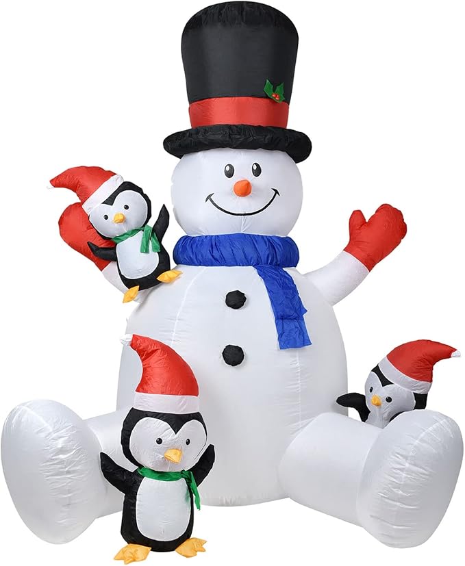Lvydec Lighted Inflatable Snowman Christmas Outdoor Decoration - 8ft Blow Up Snowman with Built-in LED Lights and 3 Little Penguins for Christmas Holiday Yard Decoration