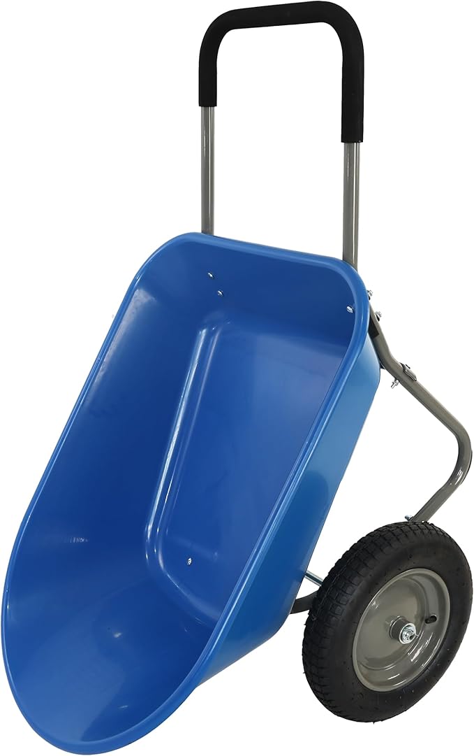Red Metal Wheelbarrow, Easy Loading and Dumping Garden Cart with Steel Tray, Durable Heavy Duty Utility Trolley for Transporting, Soil, Sand (Blue, 15 inch Inflation 2 Wheels)