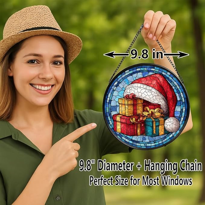 Stained Glass Window Hanging – 9.8 in Santa Hat & Gifts Panel with Chain， Bathroom Front Door Living Room Garden Decor， Gift for Mom Wife Lovers