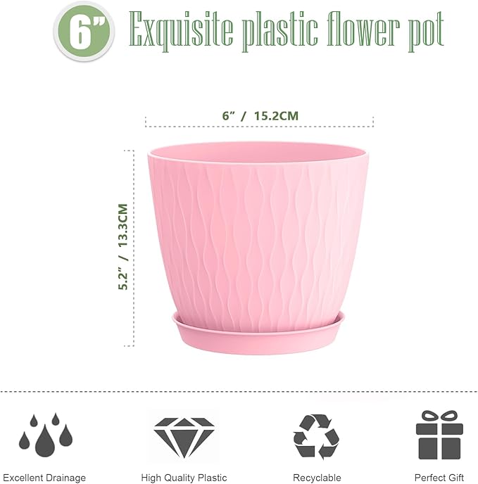 6 Inch Plant Pots, 6 Pack Flower Pots for Indoor and Outdoor Use, Planters with Drainage Holes and Saucers, Colorful