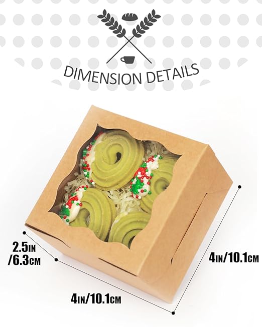 qiqee Brown Bakery Box with Window 4x4x2.5 inch 30Packs Macaron Boxes Small Donut Pastry Boxes for Party Mini Cookie Boxes