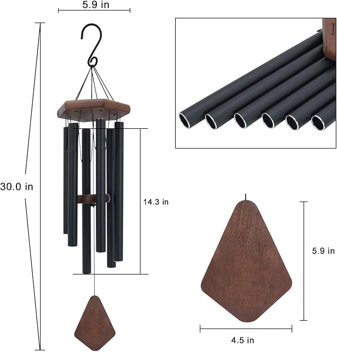 ASTARIN Wind Chimes for Outside, 30" Black Aluminium Wind Chime with Wind Catcher, Outdoor Garden Patio Decoration Windchimes, Classic Zen Gift for Men and Women
