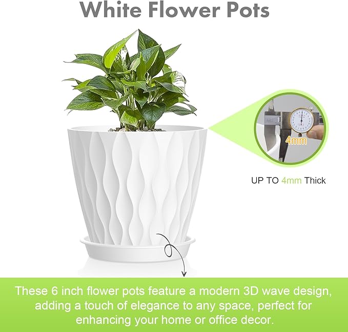 6 inch Flower Pots, 5 Pack Plant Pots for Indoor Outdoor Plants, Water Ripples Plastic Planters with Drainage Holes and Saucers, Nursery Pots for Small Succulent Garden House Plants, White