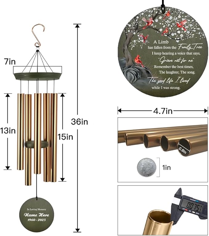 Personalized Cardinal Wind Chimes, 36inch Memorial Wind Chimes, Custom Sympathy Gifts, in Loving Memory of Dad/Mom, Condolences Wind Chime for Loss of Loved Ones (Produced in USA)