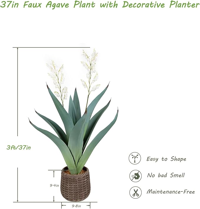 3ft UV Resistant Artificial Agave Plant in Brown Woven Planter,37" Faux Agave Plant Outdoor with Lifelike Leaves and Flowers for Front Porch Patio Living Room Pool Indoor & Outdoor Decor