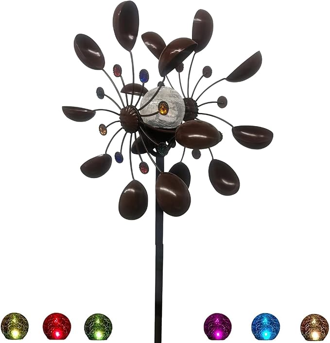 NUENUN Wind Spinner Outdoor Metal - Multi-Color Seasonal LED Lighting Solar Powered Glass Ball with Kinetic Wind Spinner Dual Direction for Patio Lawn & Garden (Coffee Ribbon Light)