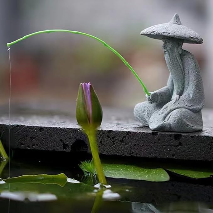 livelyfish Mini Fisherman Statue Asian Zen Decoration Sitting Fishing Figurines Sandstone Vintage Ornament for Aquarium Fish Tank Pot Garden Home Japanese Decor,D