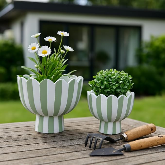 Striped Flower Pots and Planters for Home Decor – Modern Indoor or Outdoor Pots for Plants Perfect for Orchids, Herbs, or Ferns – Chic Pot for Indoor Plant Stand; Set of 2 – 8", 6" Green & White