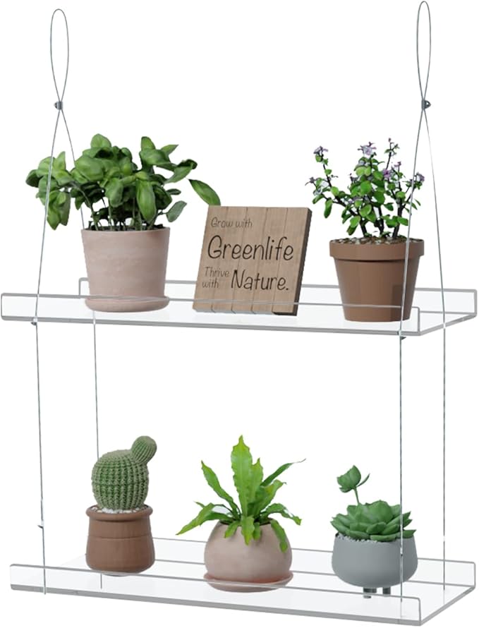 2-Tier Acrylic Window Plant Shelf, 16 Inch Wide Adjustable Hanging Shelf for Succulents, Seed Starters, Herbs, Microgreens