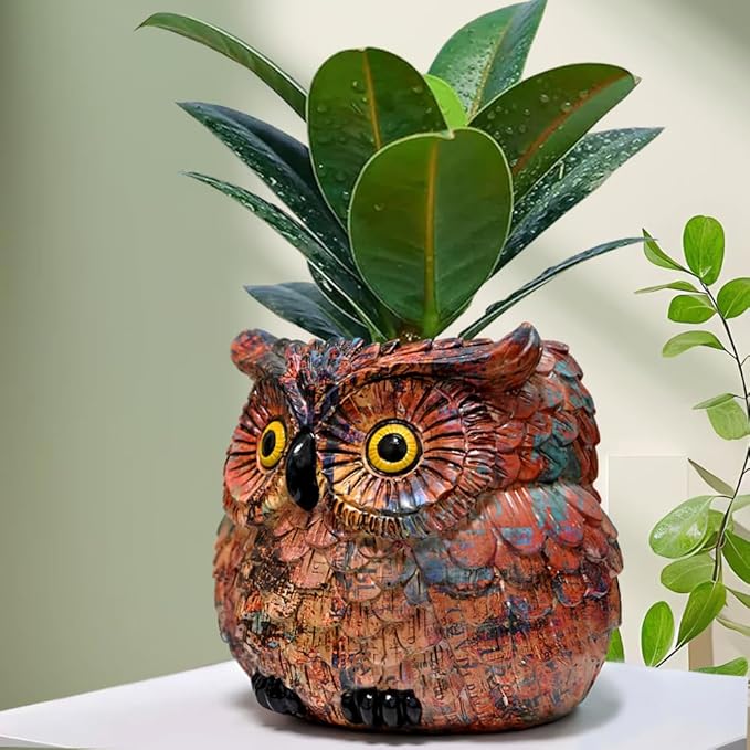 Owl Planter, Owl Succulent Pots, Owl Flower Pot, Owl Statue Decor, Cute Plant Pots Indoor/Outdoor, Animal Bird Planters with Drainage, Owl Vase Gifts for Women Mother Teacher, Pen Brush Holder Brown