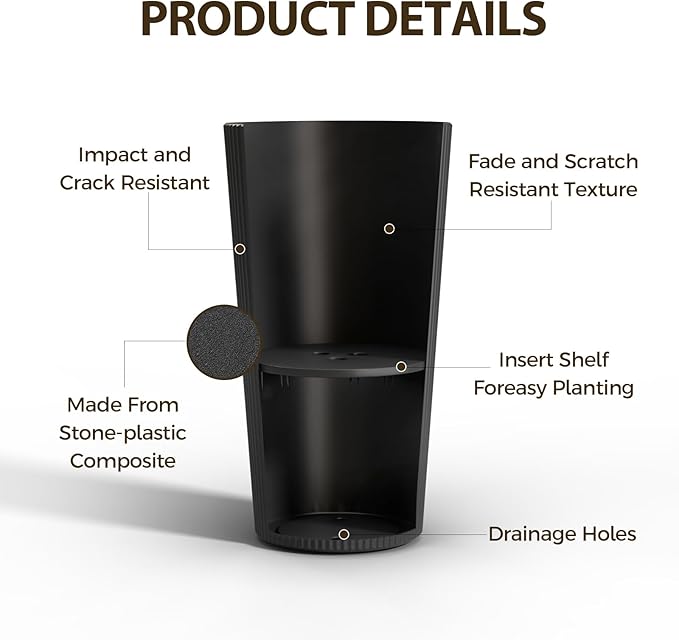 23.6" Tall Outdoor Planters, Set of 2 Large Plastic Flower Pots for Indoor & Outdoor Use, Modern Striped Decorative Garden Planters with Drainage Holes for Patio, Porch, Balcony, Black