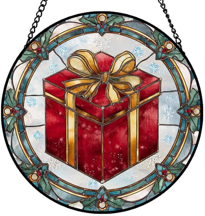 Stained Glass Window Hanging – 9.8 in Box Panel with Chain， Bathroom Front Door Living Room Garden Decor， Holiday Present Gift for Mom Wife Lovers