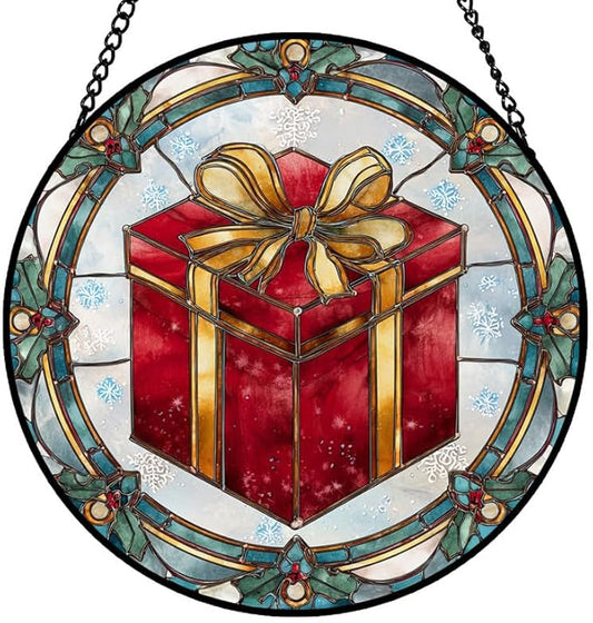 Stained Glass Window Hanging – 6.3 in Box Panel with Chain， Bathroom Front Door Living Room Garden Decor， Holiday Present Gift for Mom Wife Lovers
