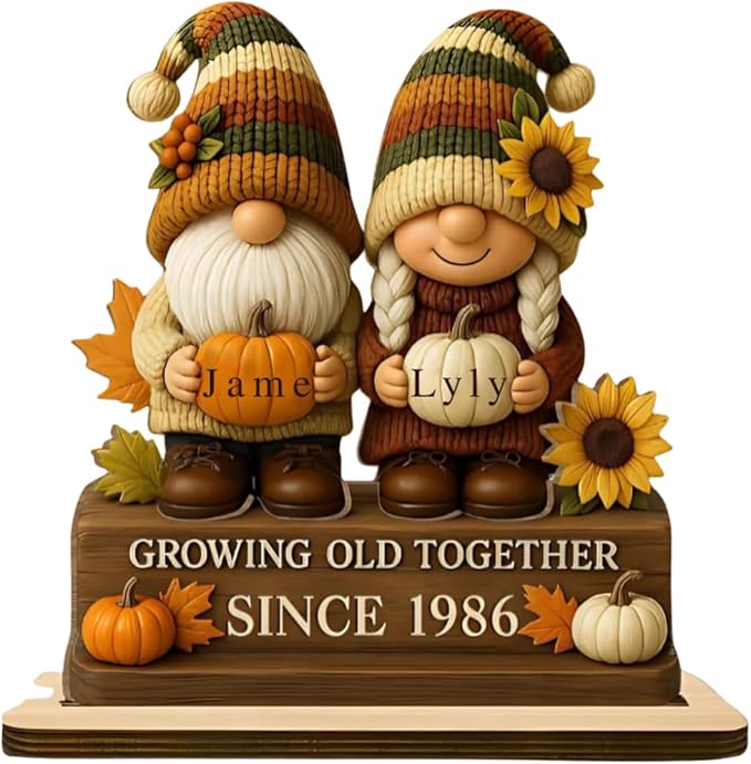 Personalized Growing Old Together Since Gnome Figurines Plaque, Custom Gnome Couple Wood Standing Plaque, Gift for Couples and Grandparents