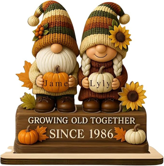 Personalized Growing Old Together Since Gnome Figurines Plaque, Custom Gnome Couple Wood Standing Plaque, Gift for Couples and Grandparents