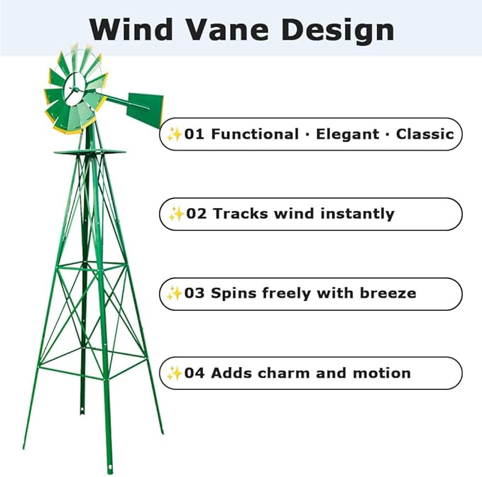 8FT Windmill for Yard Garden Decoration with Weather Vanes，Heavy Duty Outdoor Wind Mills, Large Metal Outdoor Windmill, Weather Resistant,Green