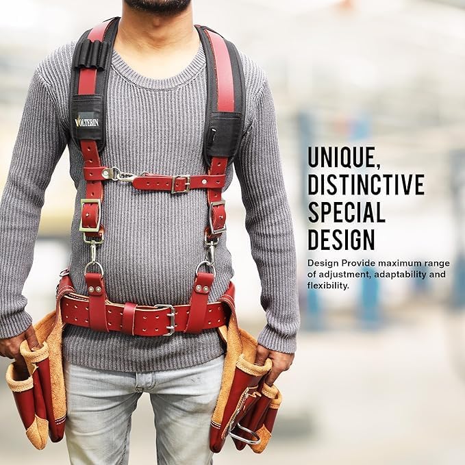 Falcon Gears Leather Tool Belt Suspenders Heavy-Duty Adjustable Harness with Padded Support, 4 Rig Loops, Front Hook for Work